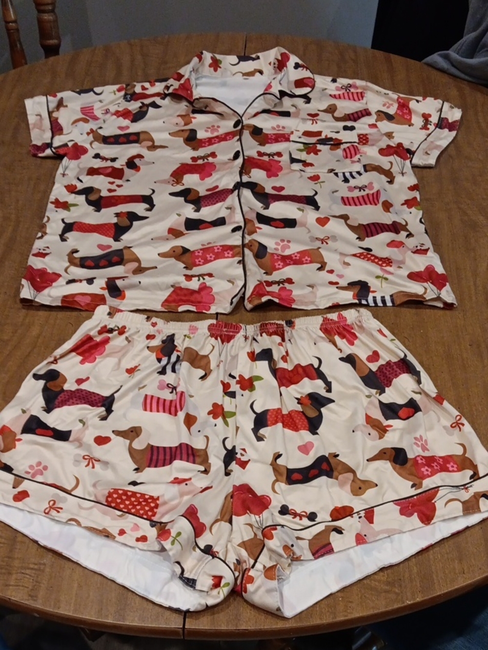 Ladies Short Pajama Set with Dachshund Print - White/Pink/Brown